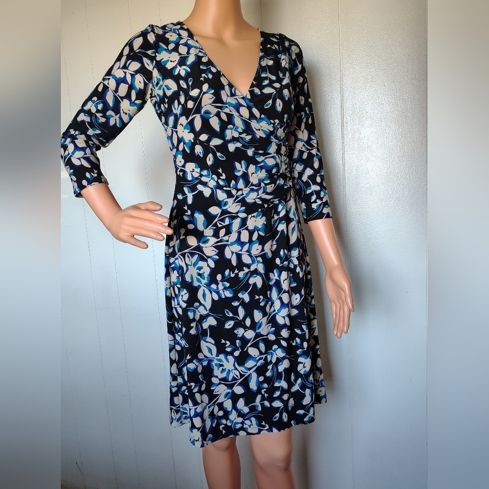 Evan  Picone Floral Faux Wrap Dress - Blue and Black Size 4P